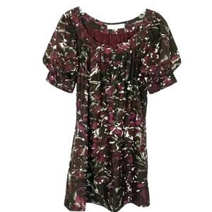 Trina Turk Puff Balloon Sleeve Mini Shift Dress Silk Wool Pleated Camo Size 8